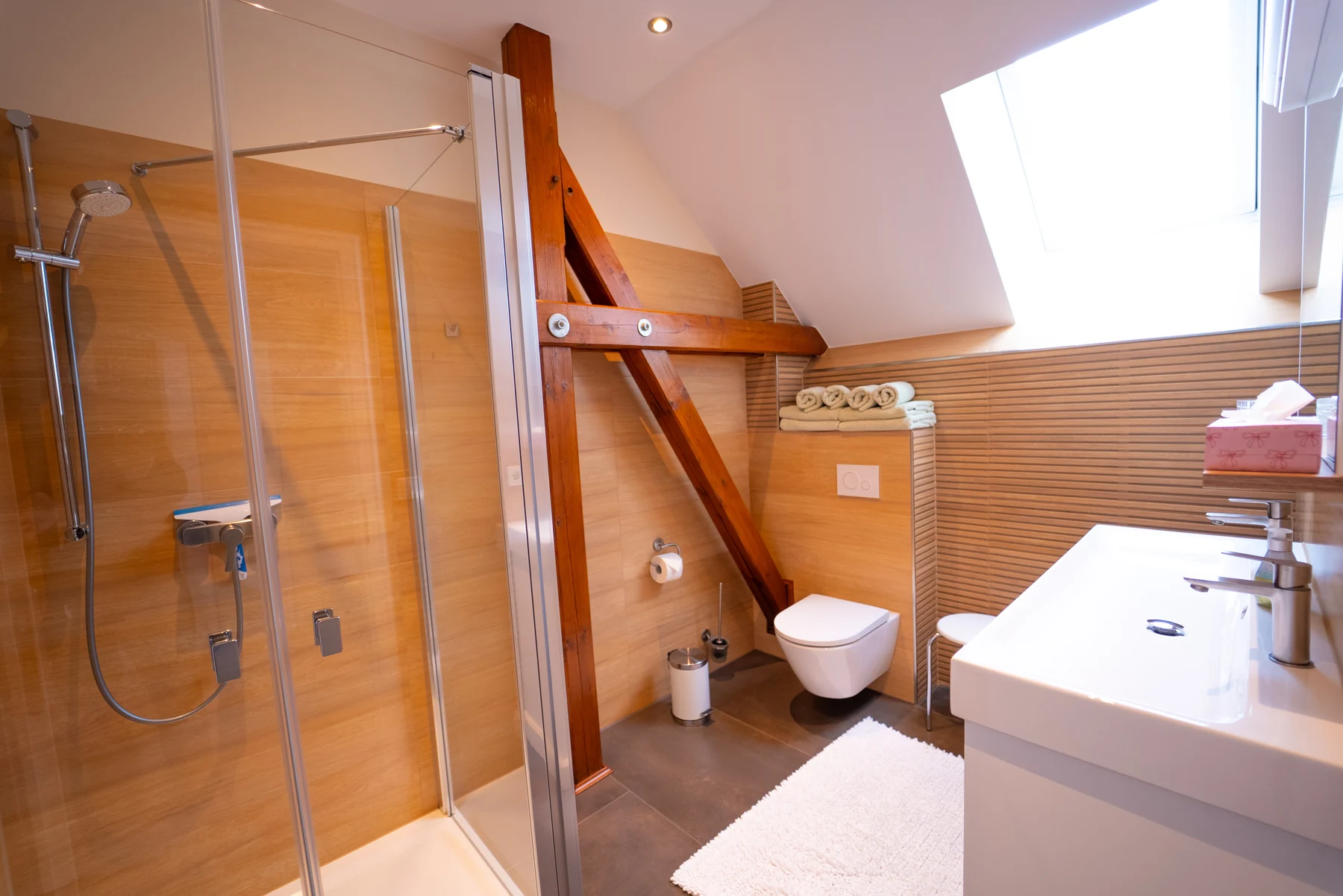 Badezimmer mit Dusche im Apartment Wasserlilie